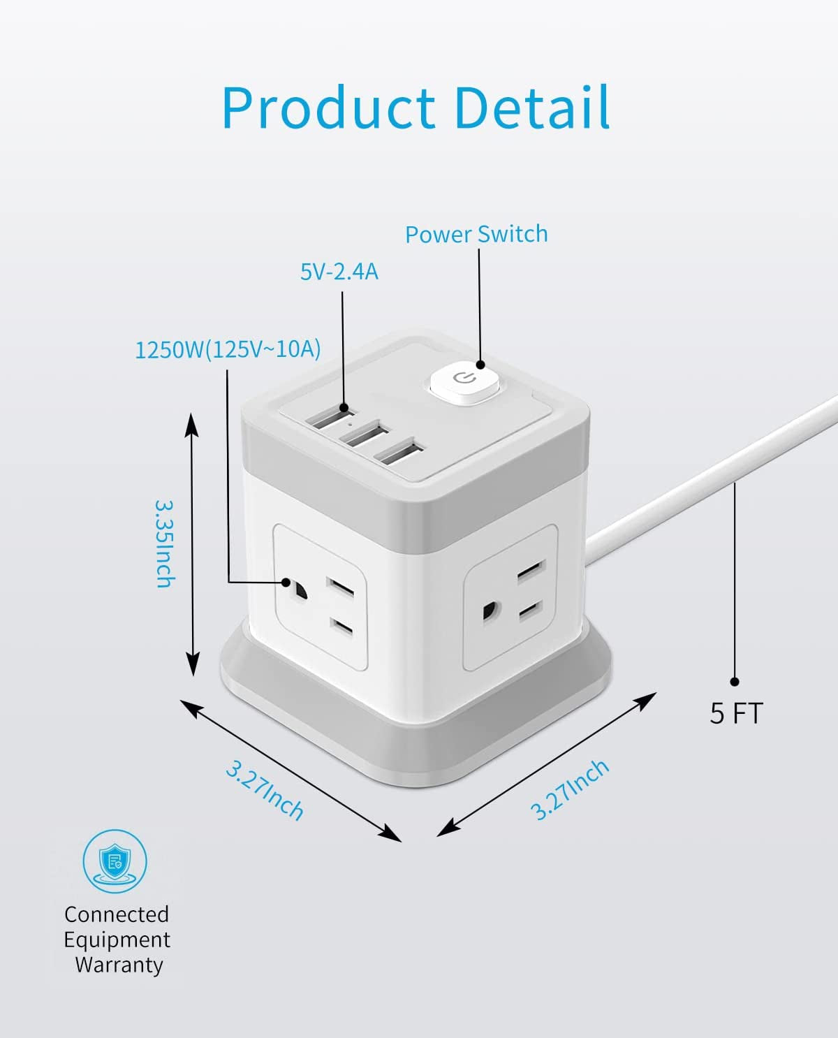 Power Strip with USB, Flat Plug Extension Cord with 4 Outlets and 3 USB(1 USB C), 5 FT Power Cord Desktop Charging Station, Overload Protection, Compact Portable for Travel Home Office